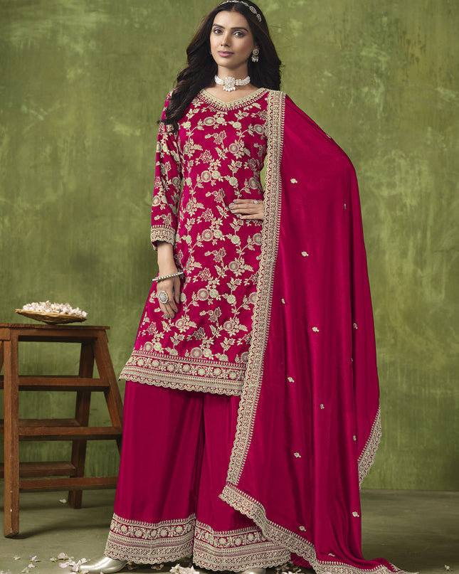 Strawberry Pink Dola Silk Jacquard Embroidered Palazzo Kameez