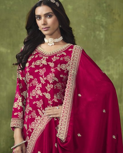 Strawberry Pink Dola Silk Jacquard Embroidered Palazzo Kameez