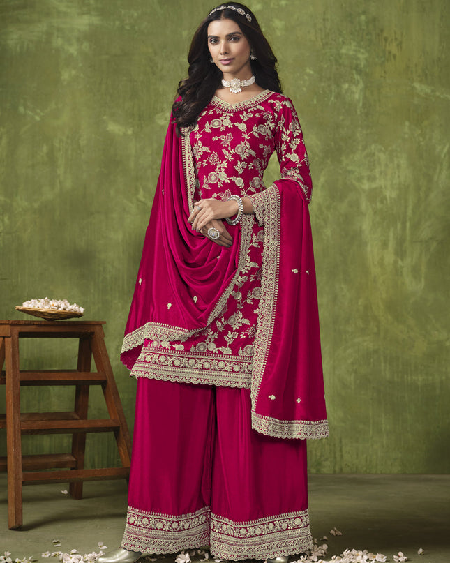 Strawberry Pink Dola Silk Jacquard Embroidered Palazzo Kameez