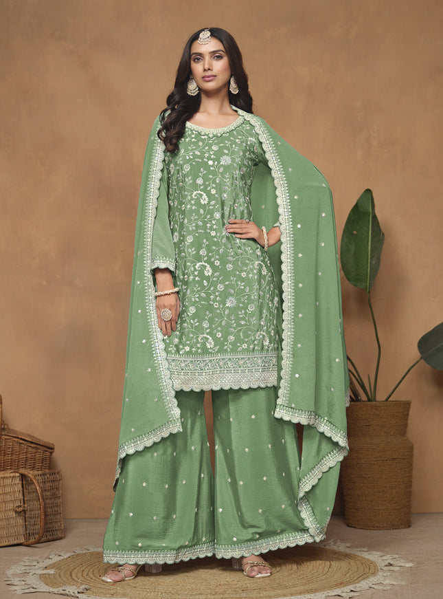 Fern Green Chinnon Embroidered Palazzo Kameez