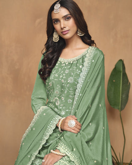 Fern Green Chinnon Embroidered Palazzo Kameez