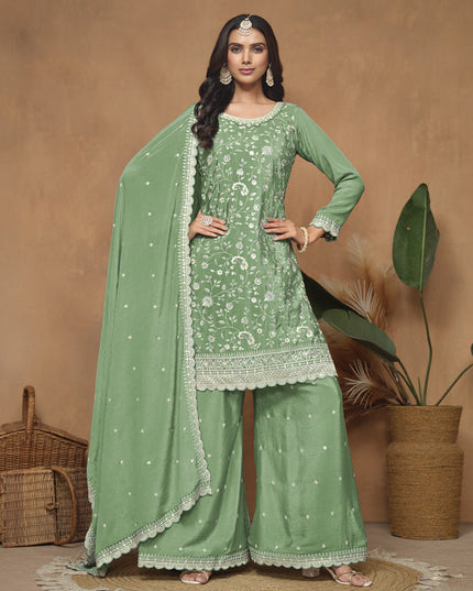 Fern Green Chinnon Embroidered Palazzo Kameez