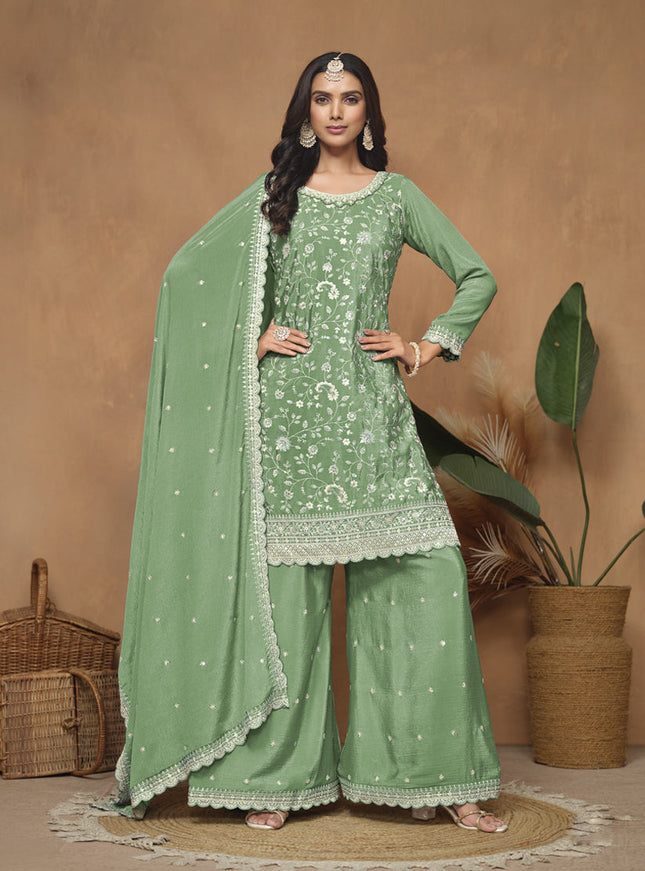 Fern Green Chinnon Embroidered Palazzo Kameez
