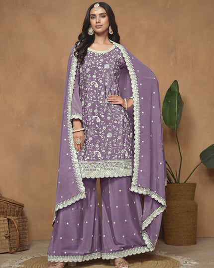 Mauve Purple Embroidered Chinnon Palazzo Kameez
