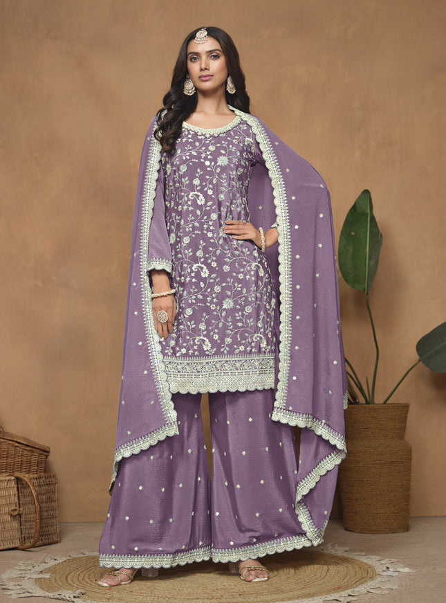 Mauve Purple Embroidered Chinnon Palazzo Kameez