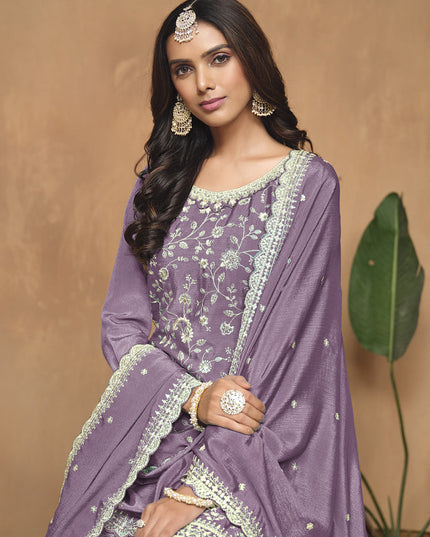 Mauve Purple Embroidered Chinnon Palazzo Kameez