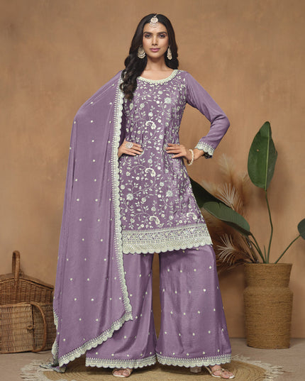 Mauve Purple Embroidered Chinnon Palazzo Kameez