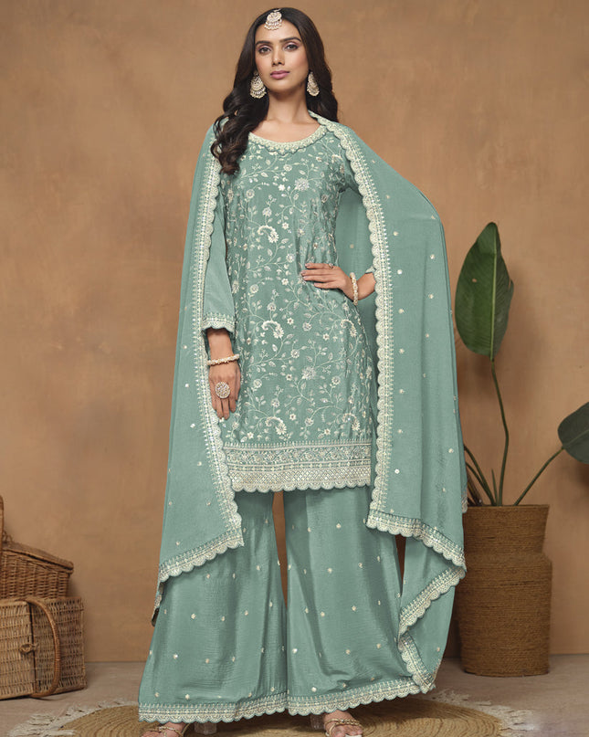 Mint Blue Chinnon Embroidered Palazzo Kameez