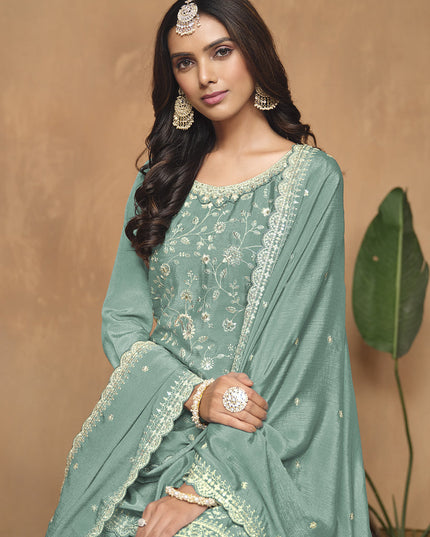 Mint Blue Chinnon Embroidered Palazzo Kameez