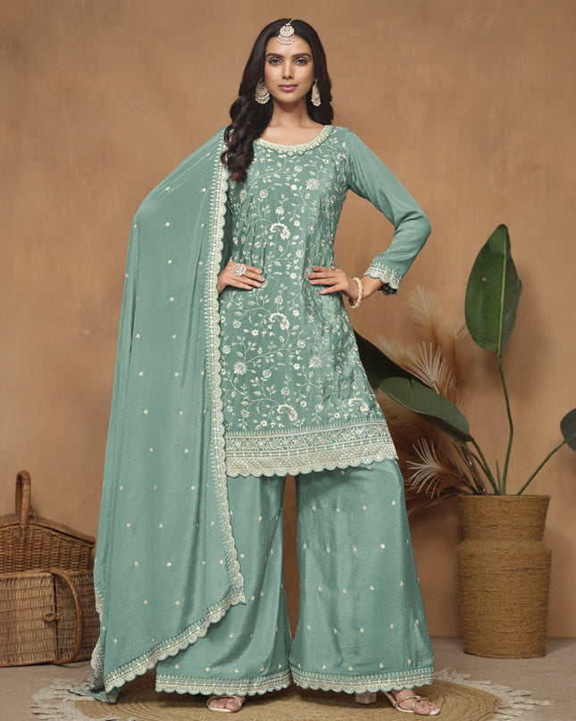 Mint Blue Chinnon Embroidered Palazzo Kameez