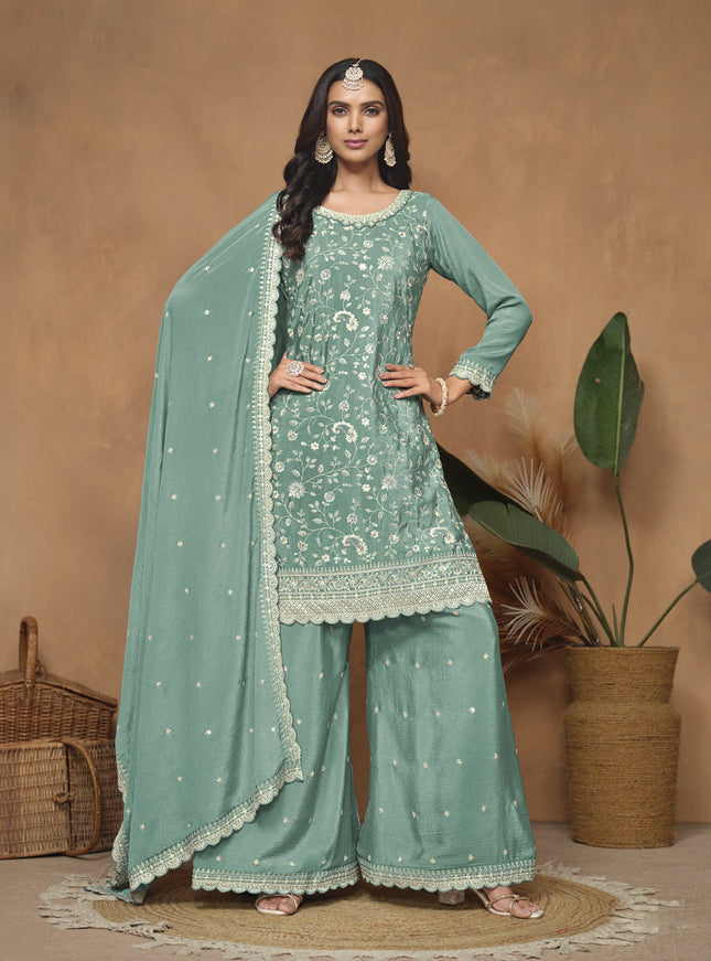 Mint Blue Chinnon Embroidered Palazzo Kameez