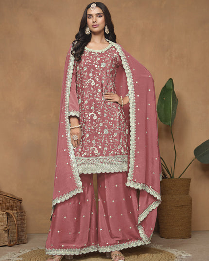 Salmon Pink Embroidered Chinnon Palazzo Kameez