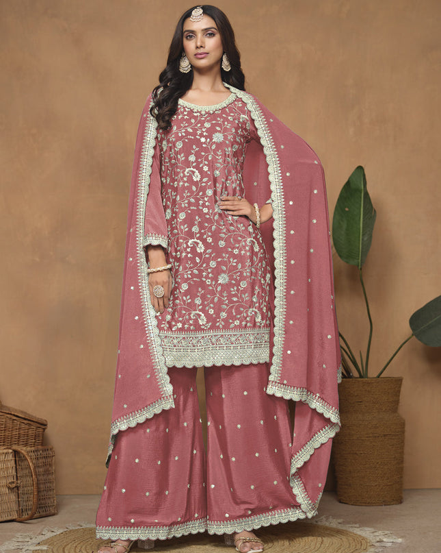 Salmon Pink Embroidered Chinnon Palazzo Kameez