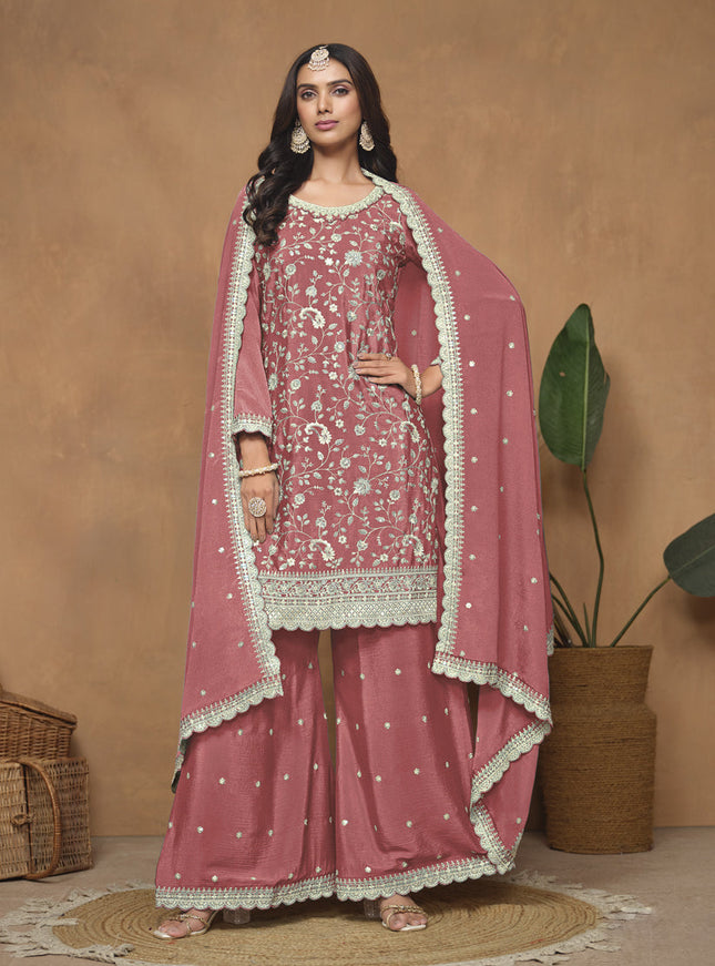 Salmon Pink Embroidered Chinnon Palazzo Kameez