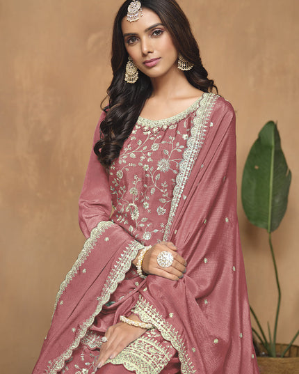 Salmon Pink Embroidered Chinnon Palazzo Kameez