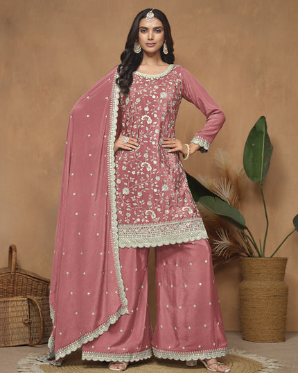 Salmon Pink Embroidered Chinnon Palazzo Kameez