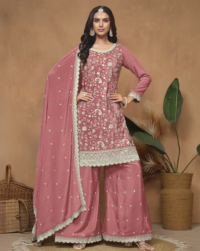 Salmon Pink Embroidered Chinnon Palazzo Kameez