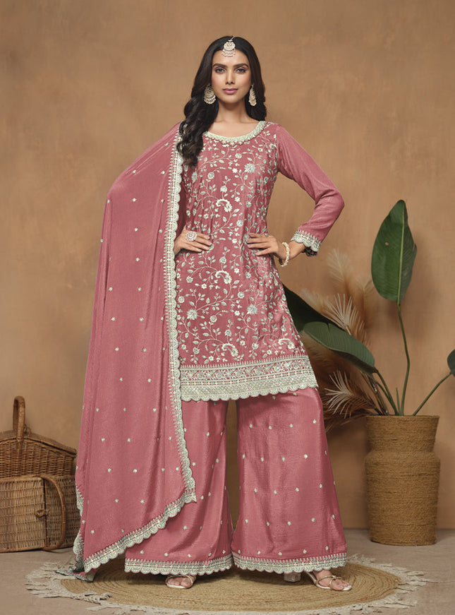 Salmon Pink Embroidered Chinnon Palazzo Kameez