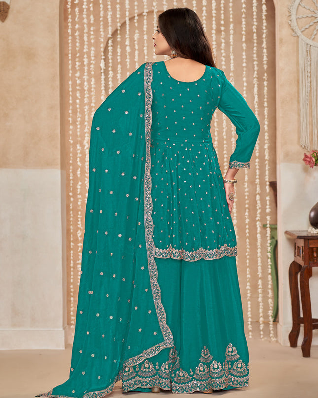 Rama Green Chinnon Embroidered Palazzo Kameez for Festival