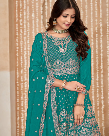 Rama Green Chinnon Embroidered Palazzo Kameez for Festival