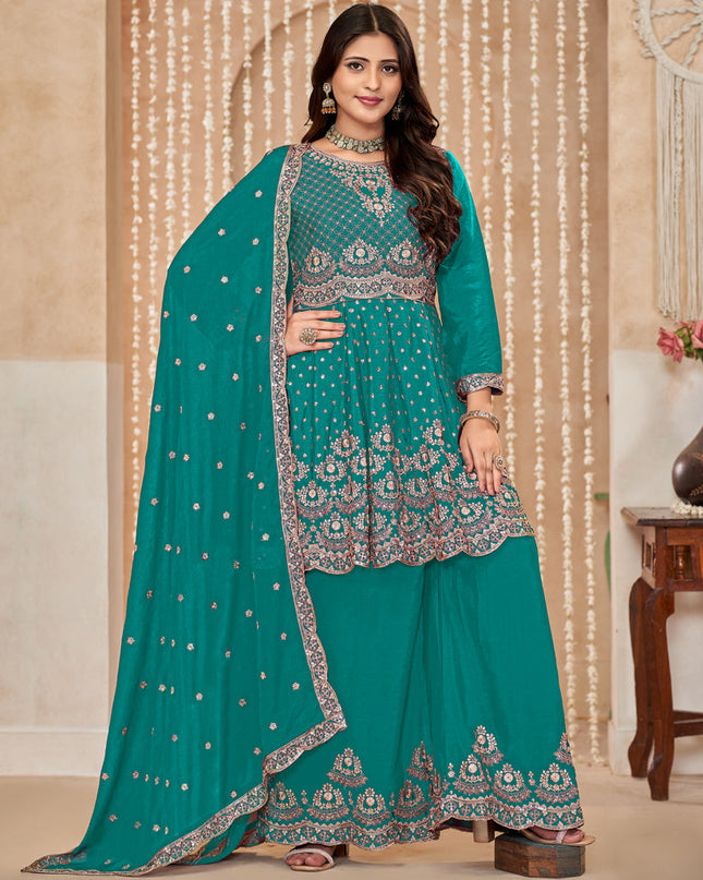 Rama Green Chinnon Embroidered Palazzo Kameez for Festival