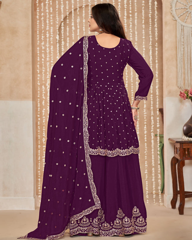 Wine Chinnon Embroidered Palazzo Kameez for Festival