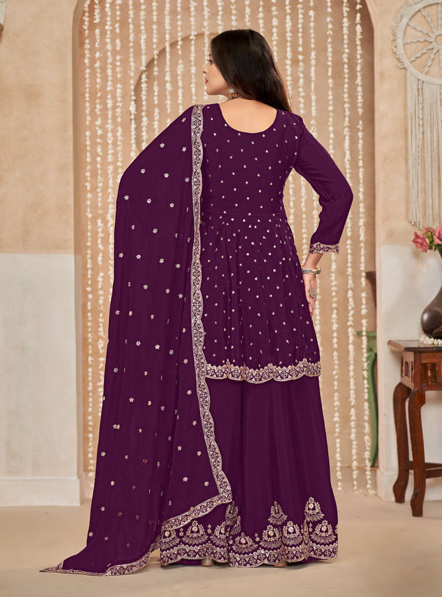 Wine Chinnon Embroidered Palazzo Kameez for Festival