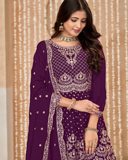 Wine Chinnon Embroidered Palazzo Kameez for Festival