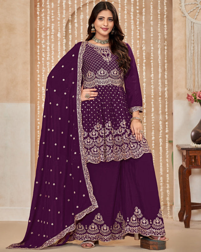 Wine Chinnon Embroidered Palazzo Kameez for Festival