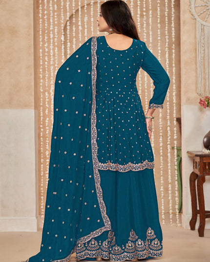 Peacock Blue Chinnon Embroidered Palazzo Kameez for Festival