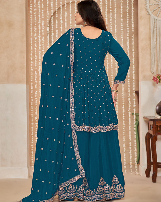 Peacock Blue Chinnon Embroidered Palazzo Kameez for Festival