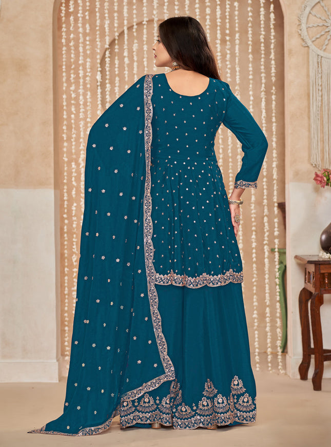 Peacock Blue Chinnon Embroidered Palazzo Kameez for Festival