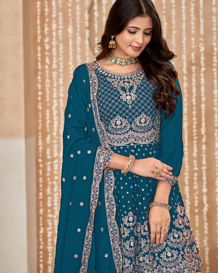Peacock Blue Chinnon Embroidered Palazzo Kameez for Festival