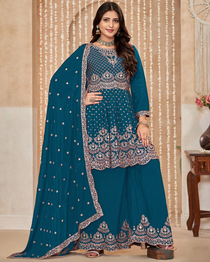 Peacock Blue Chinnon Embroidered Palazzo Kameez for Festival
