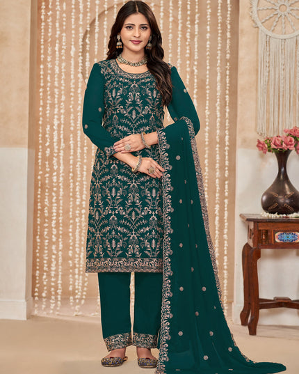 Peacock Green Faux Georgette Embroidered Pant Kameez For Festival