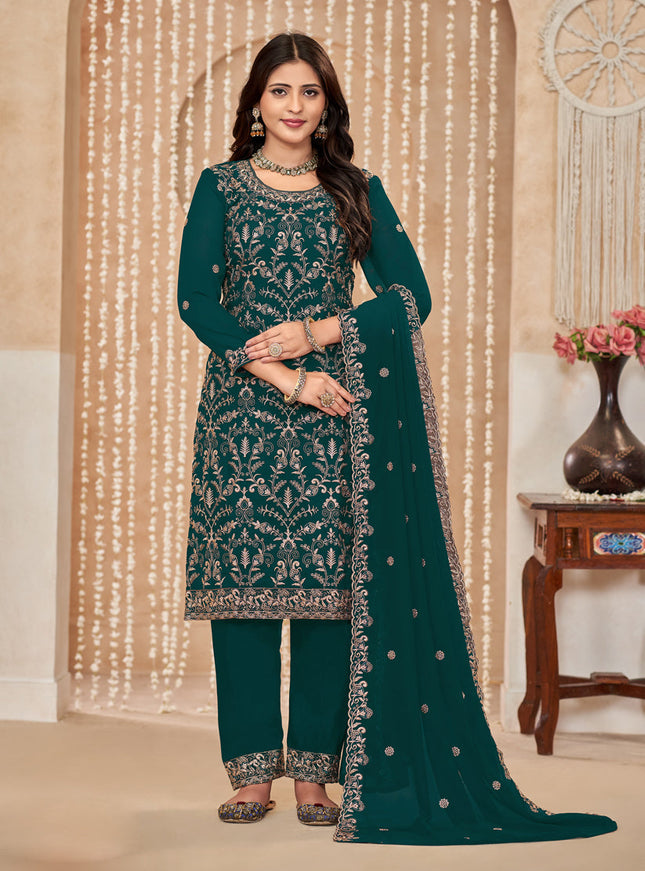 Peacock Green Faux Georgette Embroidered Pant Kameez For Festival