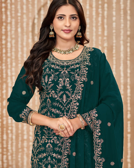 Peacock Green Faux Georgette Embroidered Pant Kameez For Festival