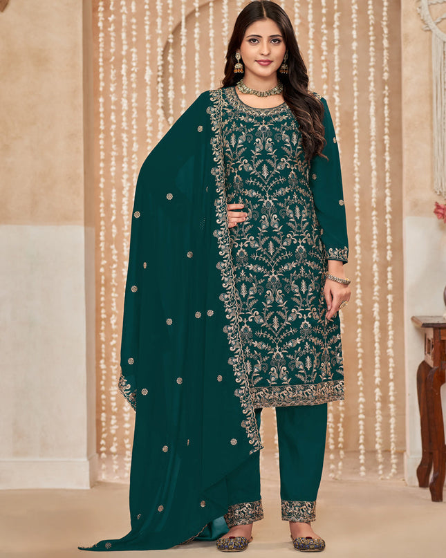 Peacock Green Faux Georgette Embroidered Pant Kameez For Festival