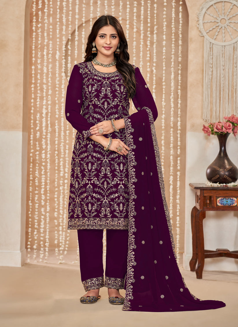 Wine Faux Georgette Embroidered Pant Kameez For Festival