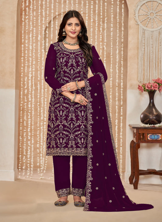 Wine Faux Georgette Embroidered Pant Kameez For Festival