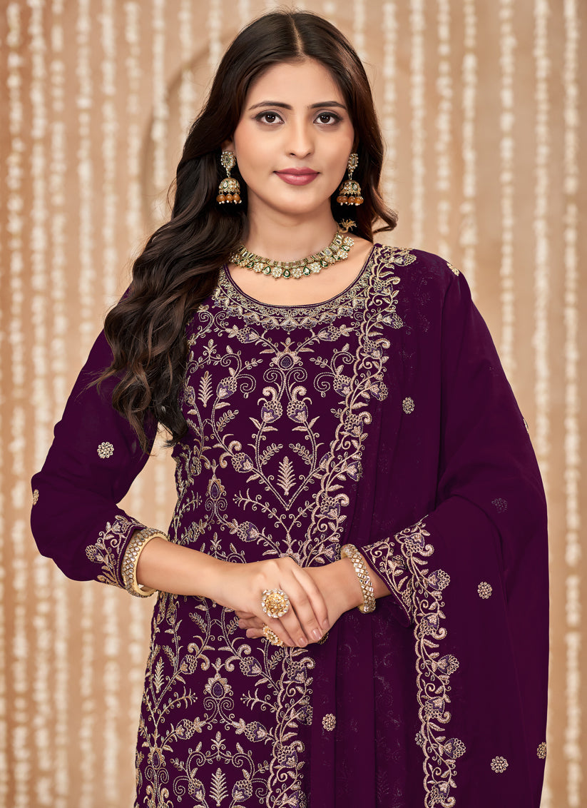 Wine Faux Georgette Embroidered Pant Kameez For Festival