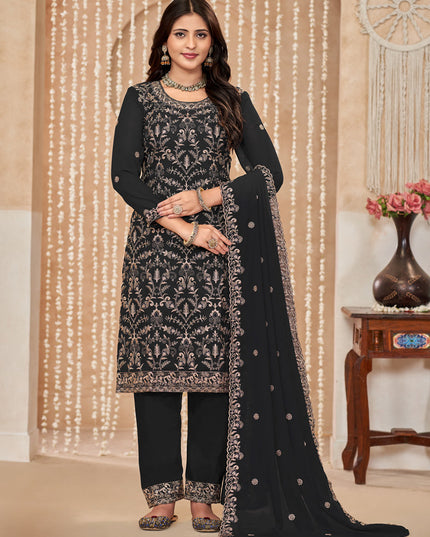 Black Faux Georgette Embroidered Pant Kameez For Festival