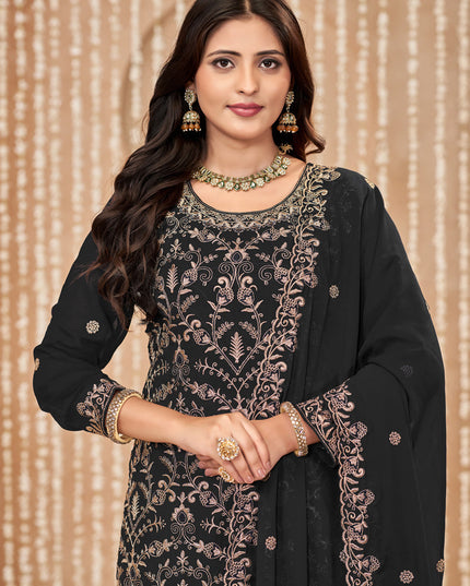 Black Faux Georgette Embroidered Pant Kameez For Festival