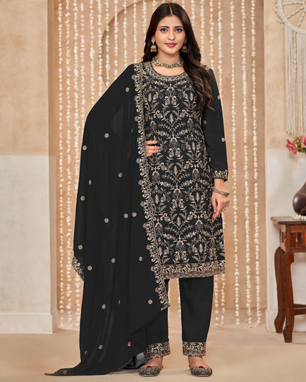 Black Faux Georgette Embroidered Pant Kameez For Festival