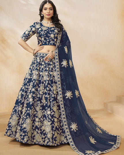 Navy Blue Art Silk Embroidered Wedding Lehenga Choli