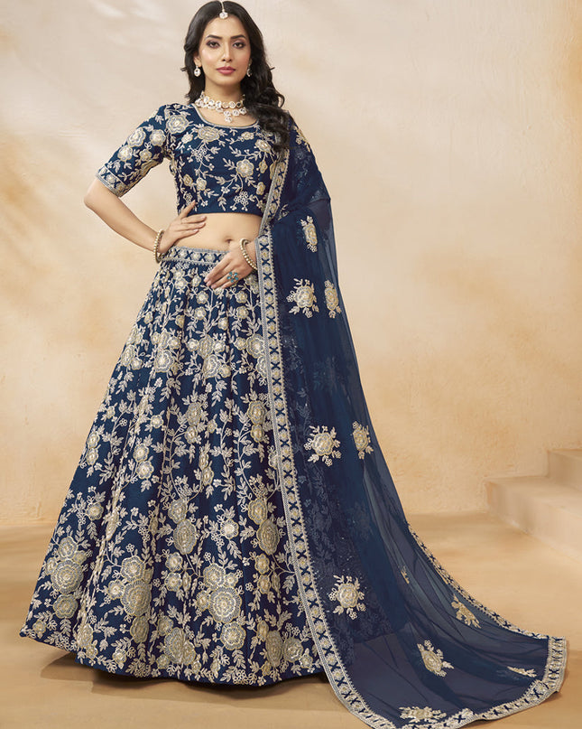 Navy Blue Art Silk Embroidered Wedding Lehenga Choli