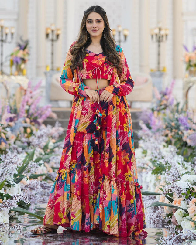 Multicolor Chinnon Printed Plus Size IndoWestern