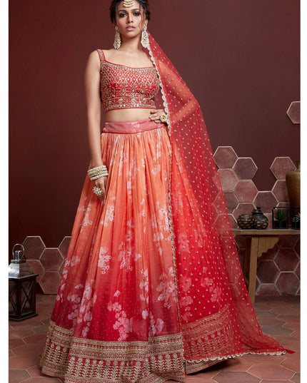 Wonderful Orange Tebby Silk Embroidered Wedding Lehenga Choli