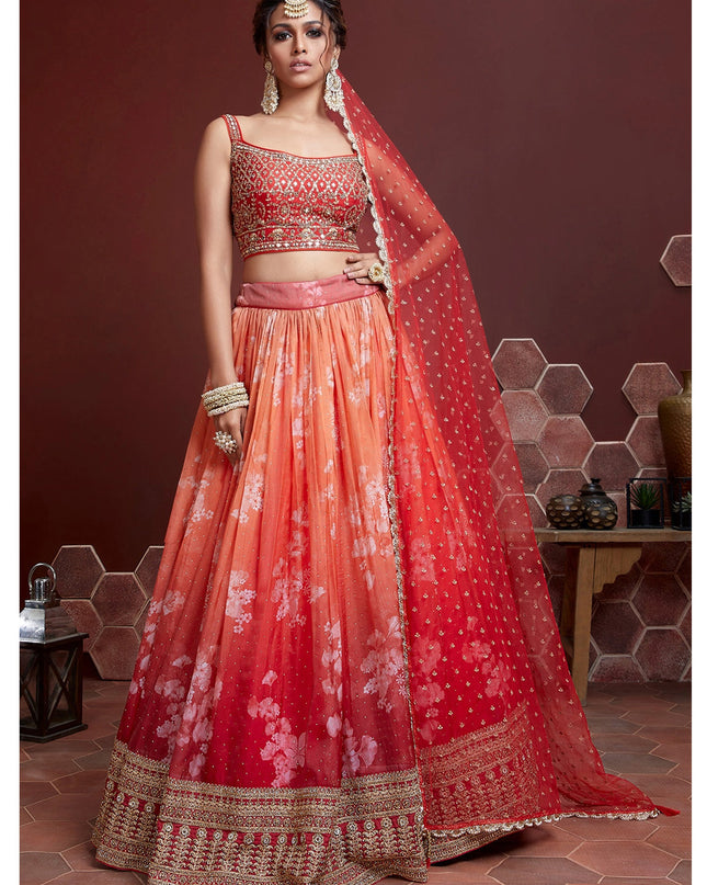 Wonderful Orange Tebby Silk Embroidered Wedding Lehenga Choli