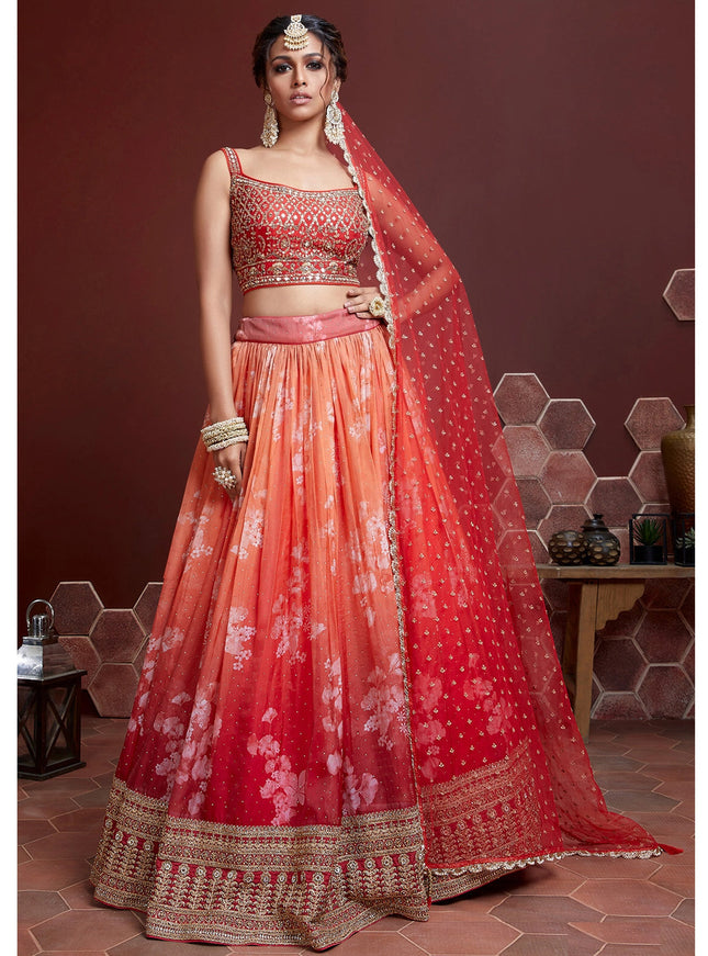 Wonderful Orange Tebby Silk Embroidered Wedding Lehenga Choli